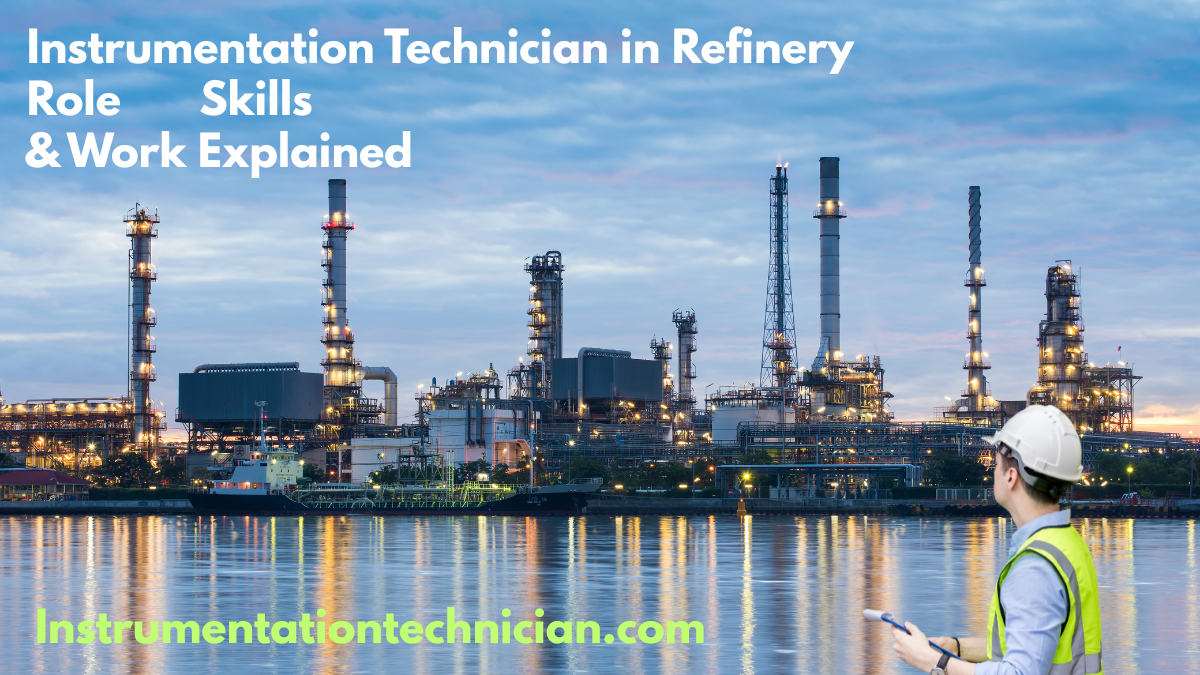 एक refinery plant की image जहाँ instrumentation technician industrial process को monitor और control करने वाले systems के साथ काम करता है।